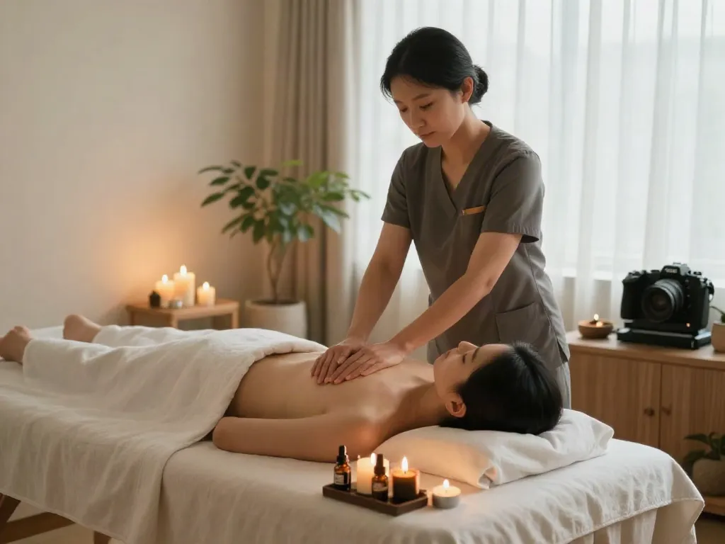 양천구출장마사지 in a tranquil home spa setting with calming ambiance and professional masseuse.
