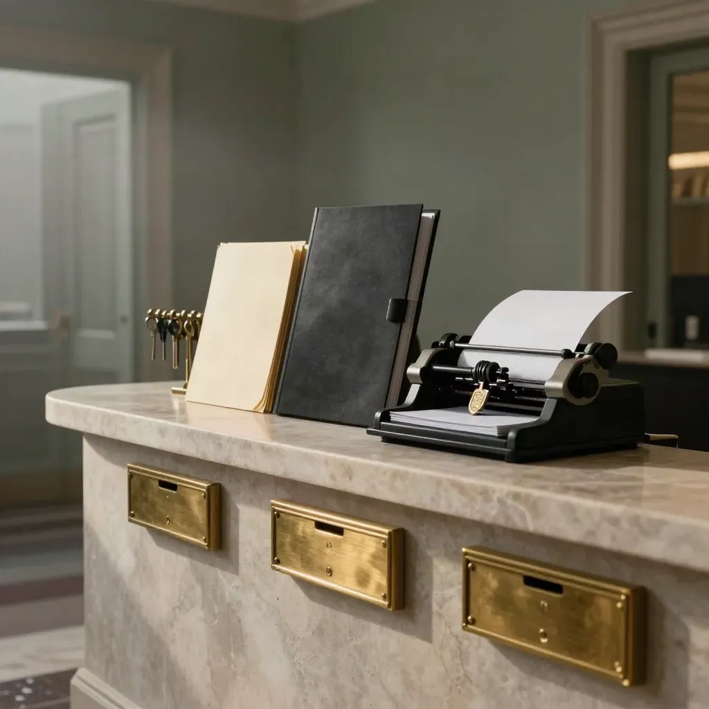Moody city-office reception ledge with incorporation folders, brass trays and embossing press.