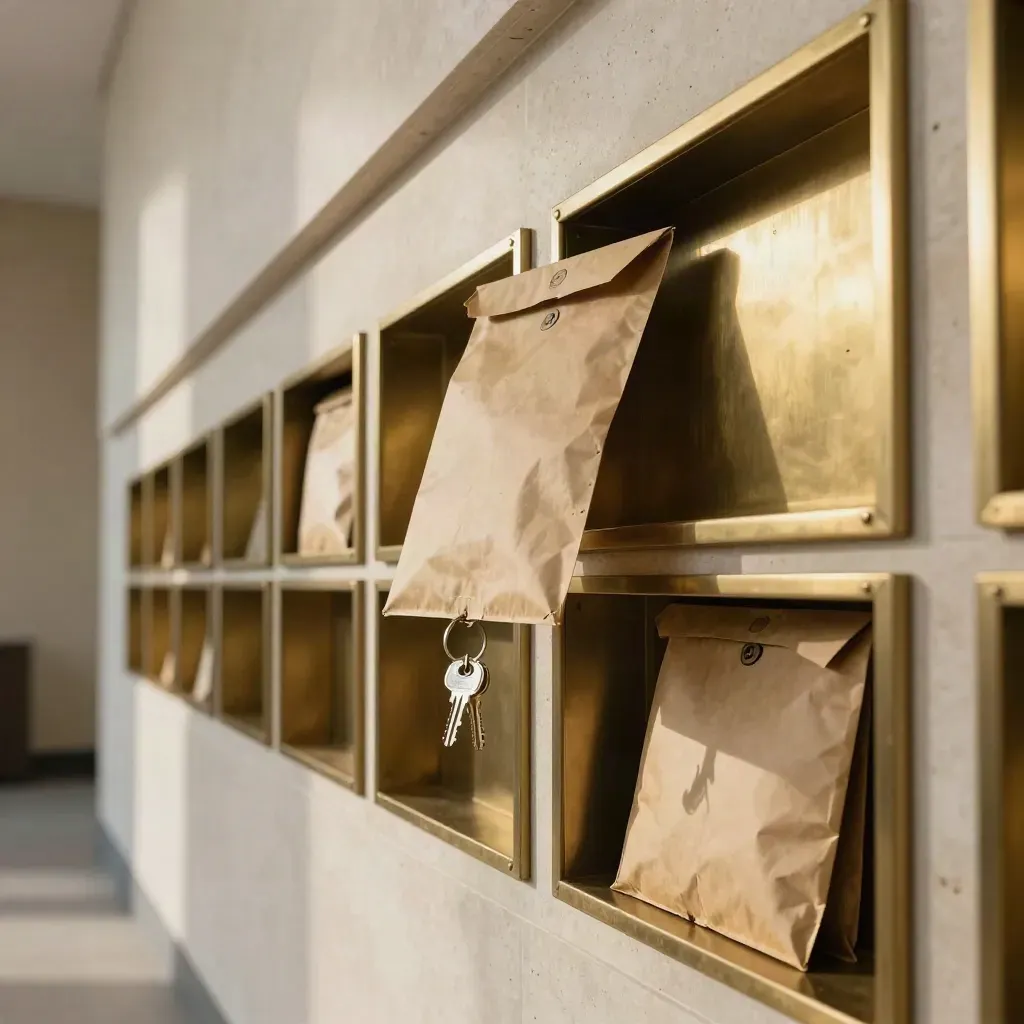 Brass mail cubbies with a packet sliding in and keys in a travertine city office wall.
