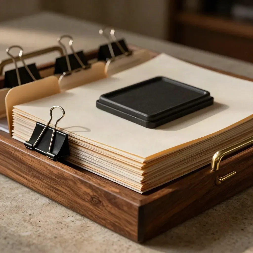 Macro filing tray with tabs, clips, stamp pad, and folders lined up for resubmission.