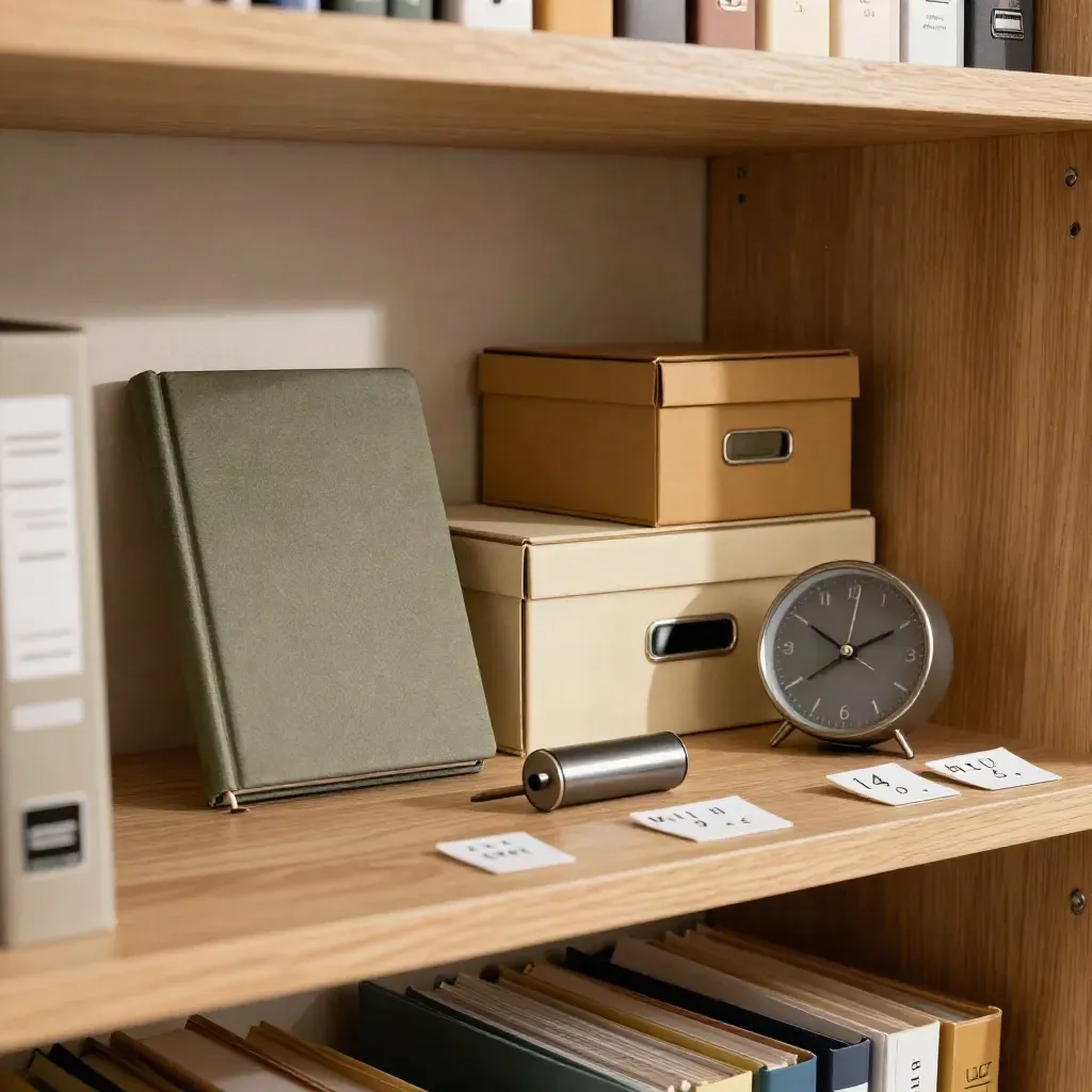 Compliance shelf with planner, archive boxes, date roller and clock in warm window light.