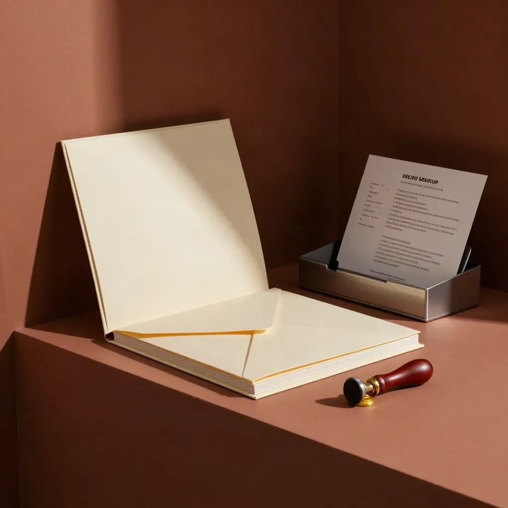 Cream folio startup document pack with seal press and archive tray on a terracotta ledge.
