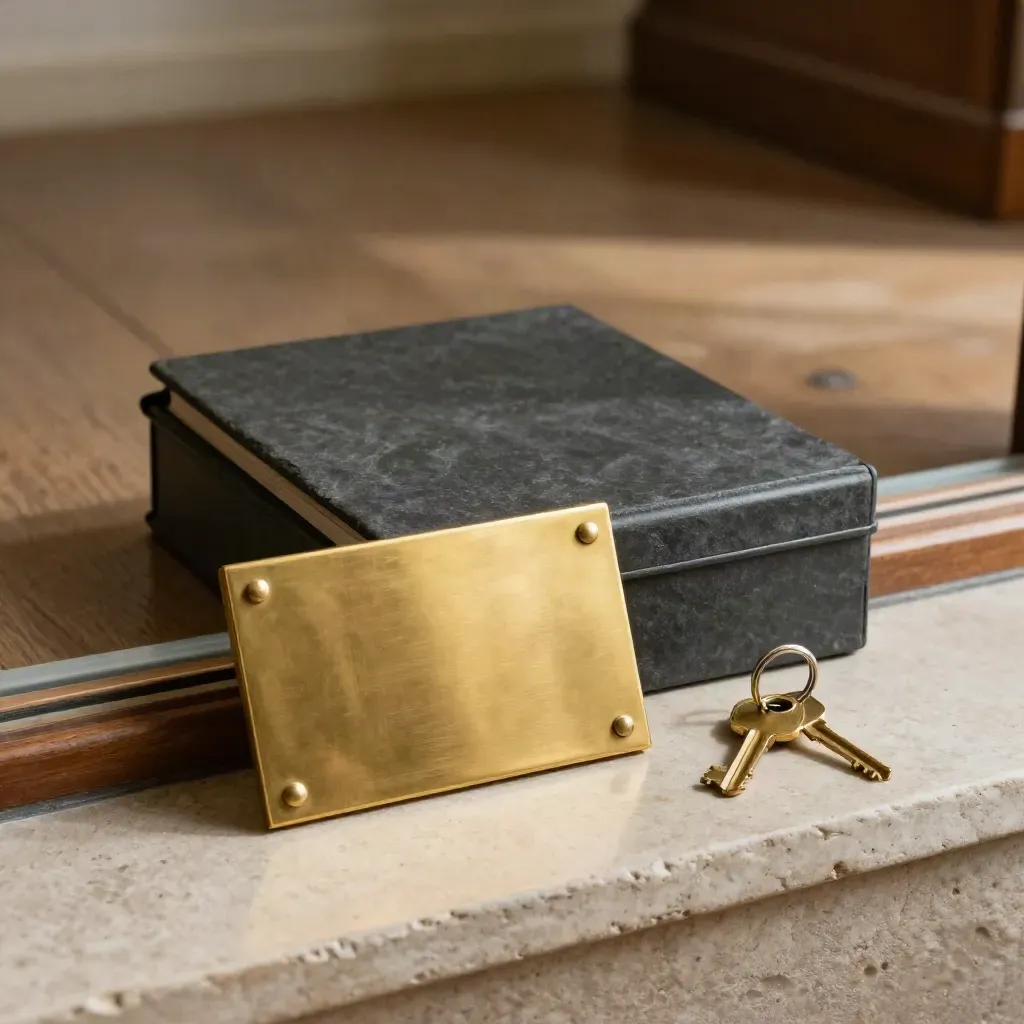 Brass door plaque, closed folio, archive box and keys in a finished converted office