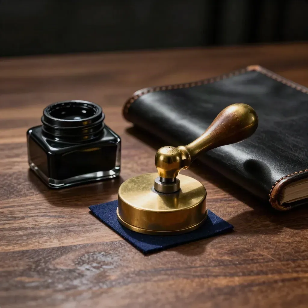 Brass embosser, ink pad, and leather folio on walnut under dramatic studio light.