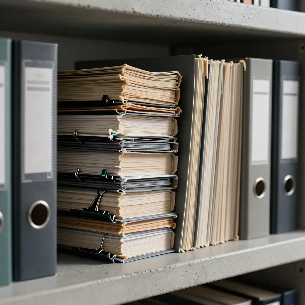 Binder clips, date wheel and worn file spines on a concrete archive shelf.