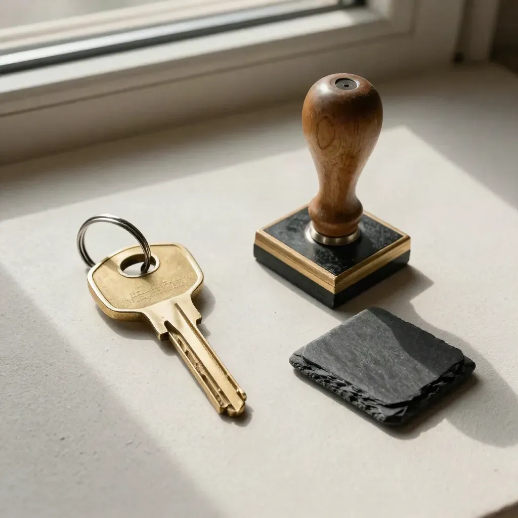 Key ring, brass door key and parcel stamp on pale plaster in soft window light.
