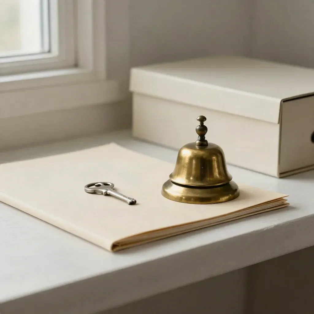 Brass bell, office key, sealed folder and archive box on a pale plaster shelf.