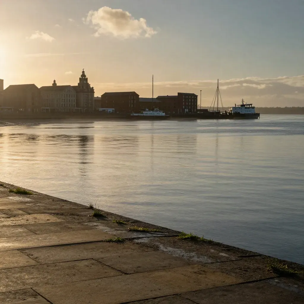 Amber Mersey estuary with Liverpool waterfront silhouettes and calm water under clearing cloud